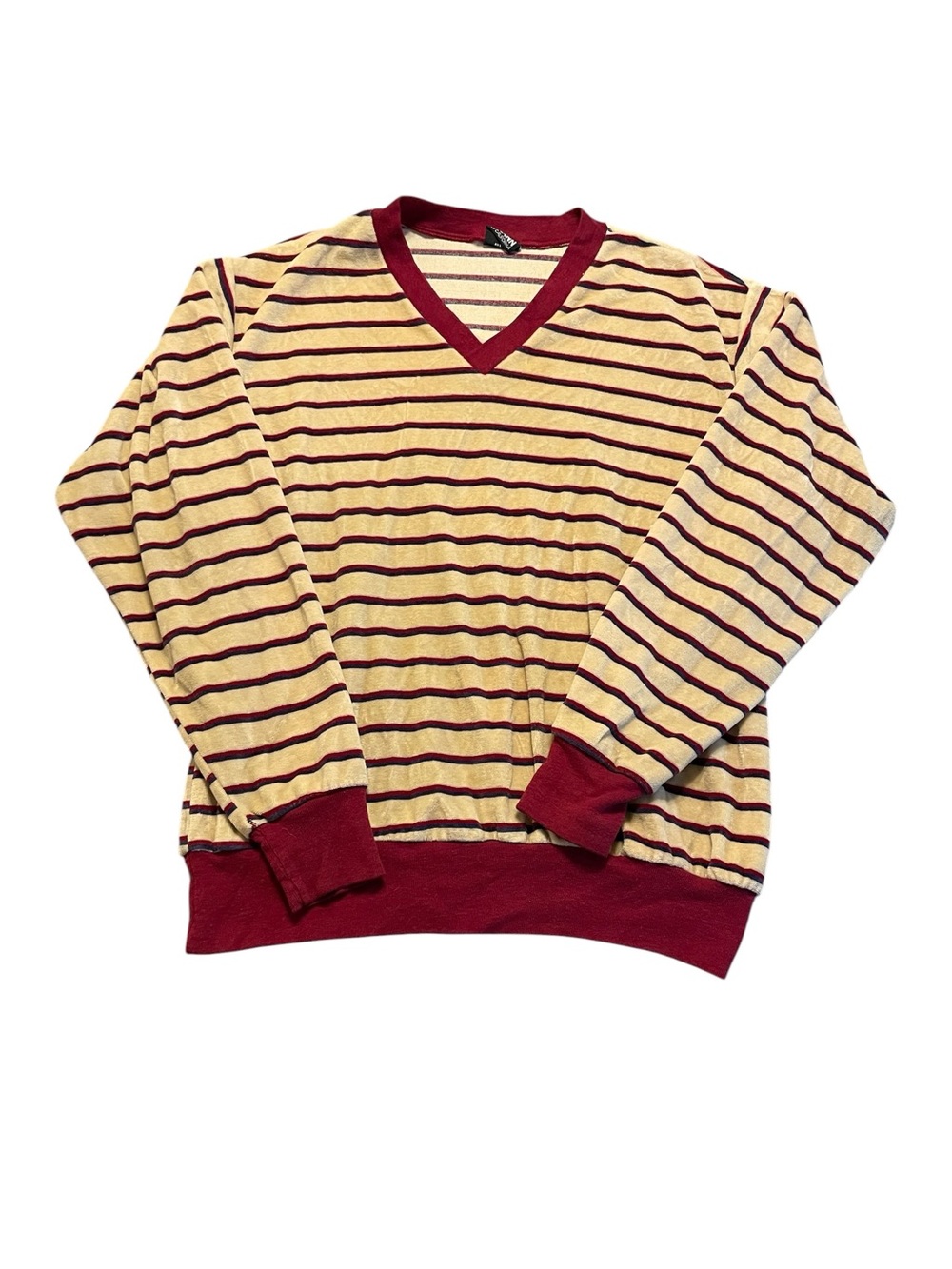 Vintage 70s Stuart Mann Gold Velour Men XL Striped V-Neck Pullover Sweater Retro